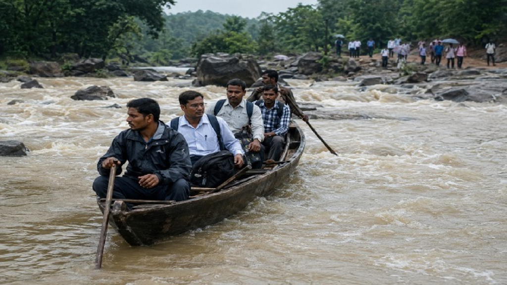 CG : उफनती कोटरी नदी पार कर स्कूल पहुंच रहे शिक्षक, जान जोखिम में डाल निभा रहे शिक्षा का दायित्व…