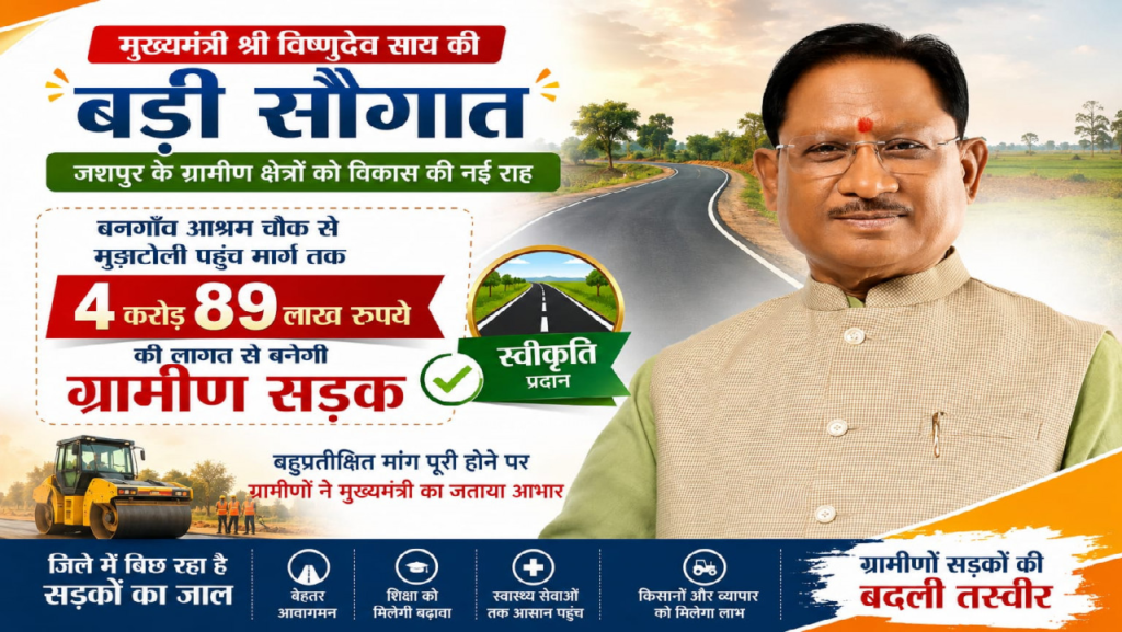 CG : मुख्यमंत्री विष्णुदेव साय की बड़ी सौगात: बनगाँव आश्रम चौक से मुड़ाटोली तक बनेगी 4.89 करोड़ रुपये की सड़क