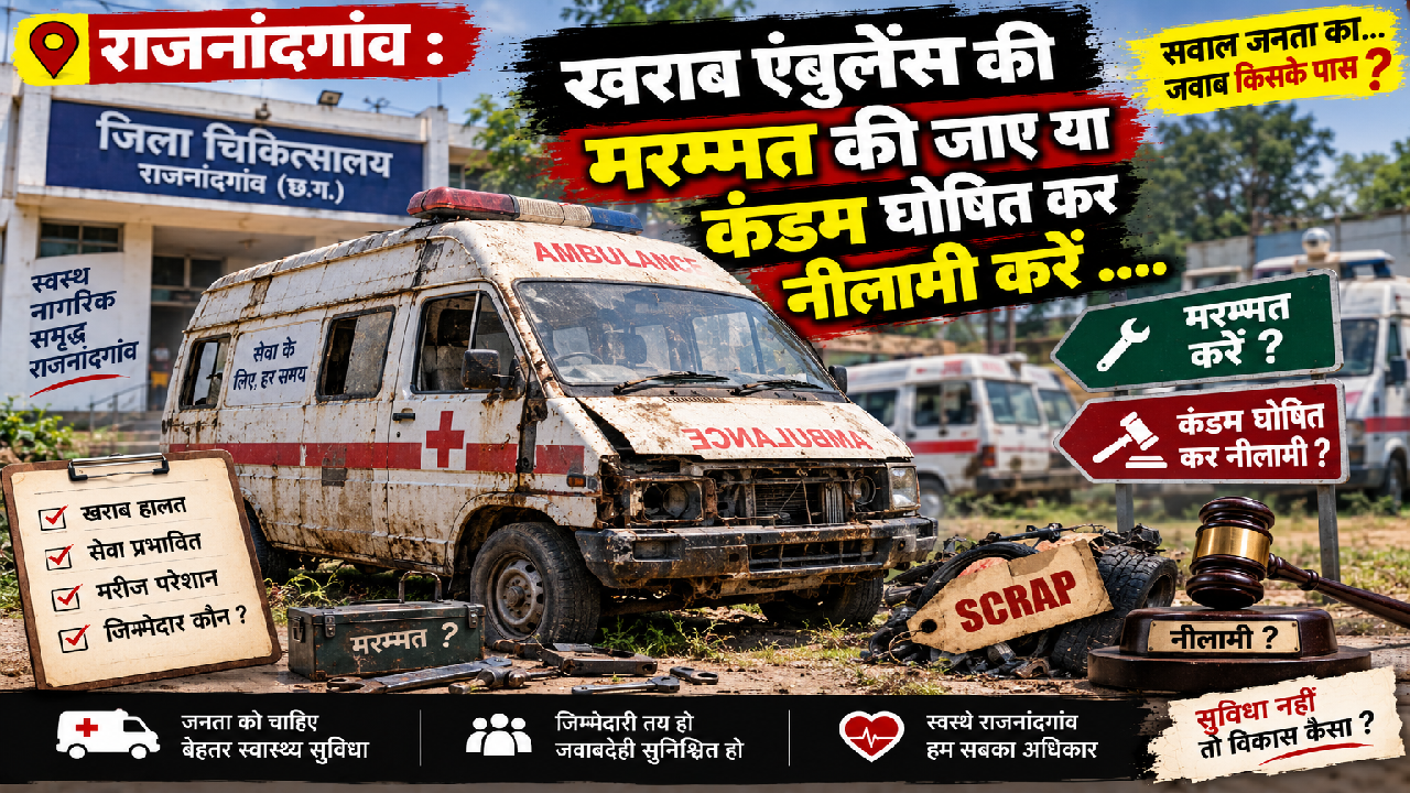 राजनांदगांव : खराब एंबुलेंस की मरम्मत की जाए या कंडम घोषित कर नीलामी करें ….