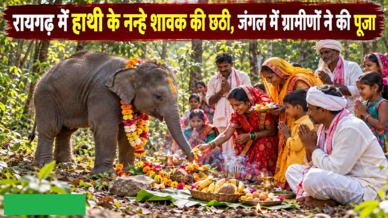 CG : रायगढ़ में हाथी के नन्हे शावक की छठी, जंगल में ग्रामीणों ने की पूजा …