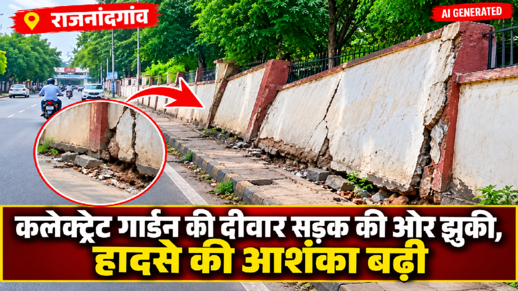 राजनांदगांव : कलेक्ट्रेट गार्डन की दीवार सड़क की ओर झुकी, हादसे की आशंका बढ़ी...